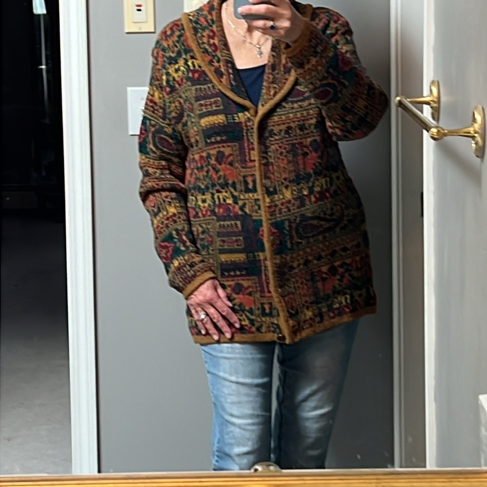 Lizsport Petite Small Cardigan Sweater Button Front Fall Autumn Color Green Gold